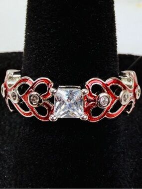Beautiful, silvertone, red enamel, heart, clear, bling costume ring size 8